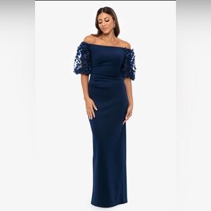 Xscape Elegant Navy Off-Shoulder Dress with Floral Sleeves 18W